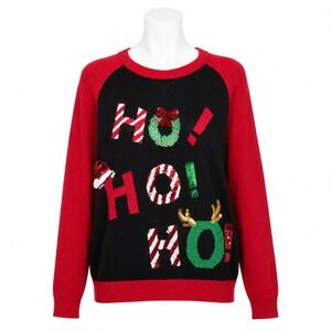 Curations HO HO HO Ugly Christmas Sweater Sequin Holiday Women Large Jingle Bell